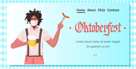 man holding beer and sausage Oktoberfest party festival celebration guy wearing mask to prevent coronavirus pandemic portrait horizontal copy space vector illustration