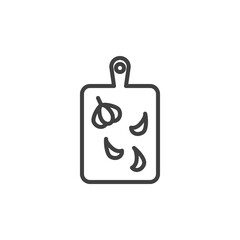 Obraz premium Garlic cut line icon. linear style sign for mobile concept and web design. Cutting board with garlic outline vector icon. Symbol, logo illustration. Vector graphics