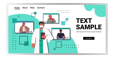 male doctor discussing with mix race patients during video call online medical consultation coronavirus quarantine self isolation concept horizontal copy space vector illustration