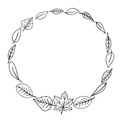 Wreath of autumn leaves. Doodle freehand illustration. Round frame. Black outline on a white background.