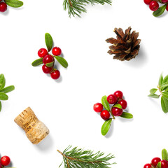 christmas seamless patterns with Pine cones wine cork and lingonberry. pattern christmas seamless on a white backdrop. Realistic photo collage.