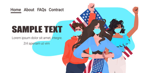 mix race people in masks holding USA flag labor day celebration coronavirus quarantine concept portrait horizontal copy space vector illustration