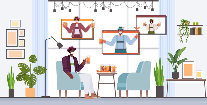 man in mask drinking beer discussing with friends during video call Oktoberfest party celebration coronavirus quarantine self isolation concept living room interior horizontal vector illustration
