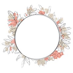 Fototapeta na wymiar Round Graphic frame: autumn rowan leaves with abstract orange and beige stains on white background 