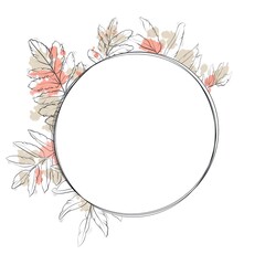 Fototapeta na wymiar Round Graphic frame: autumn rowan leaves with abstract orange and beige stains on white background 