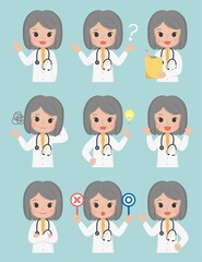 Older medical worker, female doctor, medical, paramedic, isolated on background, flat cartoon comic vector illustration, emoji, action, set