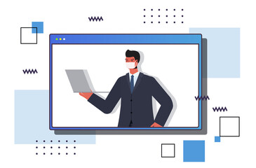businessman using laptop wearing mask to prevent coronavirus pandemic self isolation online communication concept web browser window horizontal portrait vector illustration