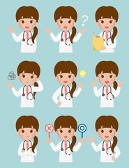 Medical worker, female doctor, medical, medical staff, isolated on background, flat cartoon comic vector illustration, emoticon, action, set