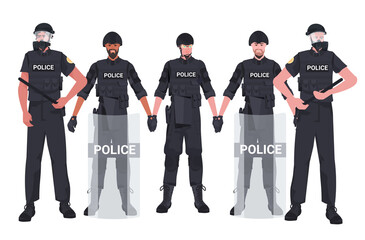 mix race policemen in full tactical gear standing together riot police officers protesters and demonstration riots mass control concept horizontal full length vector illustration