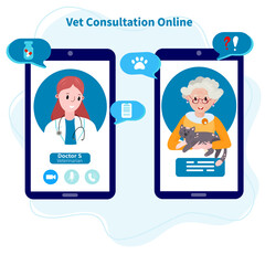 Online Veterinary appointment. Telehealth for pet. Remote Vet consultation. Doctor check up cat. Conference with veterinarian clinic from home.