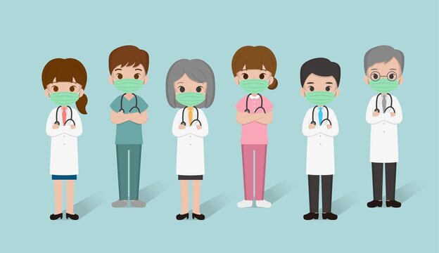 Medical workers, nurses, surgical staff, medical care, medical staff, wearing masks to isolate the virus, PM 2.5, flat cartoon comic vector illustration