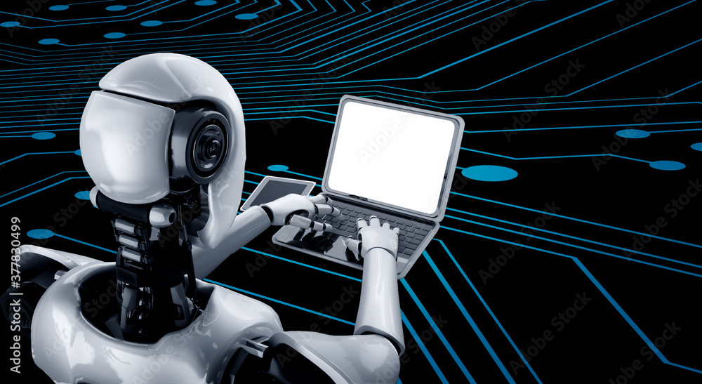 Poster robot humanoid use laptop and sit at table in future office while using ai thinking brain , artifici