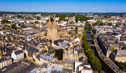 Aerial panoramic view of French commune of Quimper looking out over Gothic building of Cathedral of...