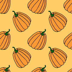 Seamless pattern of orange pumpkins. Background and texture. Symbol autumn, crop, fruitful year, thanksgiving day. Hand drawn vector EPS10 outline illustration, isolated