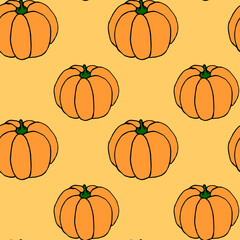 Seamless pattern of orange pumpkins. Background and texture. Symbol autumn, crop, fruitful year, thanksgiving day. Hand drawn vector EPS10 outline illustration, isolated