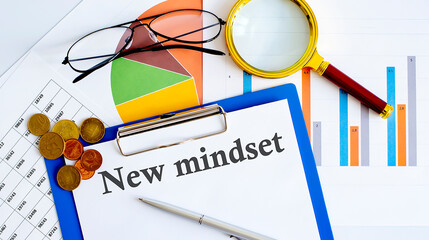 NEW MINDSET Business reports, blank paper , data tables and charts,magnifier,coins - directly above view of office table workspace