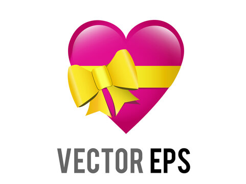 Vector glossy pink heart shaped box emoji icon, tied with yellow ribbon