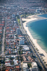 St Kilda Beaconsfield Parade, coastline and city center. View from helicopter, Melbourne