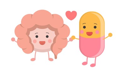 Fototapeta premium Healthy intestines, with yellow, pink capsules, peaceful coexistence, illustration icon cartoon character, vector flat design, isolated on white background 