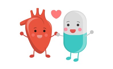 Healthy heart, with green capsule, peaceful coexistence, illustration icon cartoon character, vector flat design, isolated on white background
