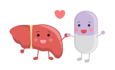 Healthy liver, with purple capsule, peaceful coexistence, illustration icon cartoon character, vector flat design, isolated on white background