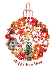 Christmas ball made from watercolor New Year and Christmas elements on a white background.