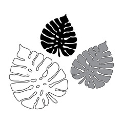 Isolated vector design set of black and white tropical leaves lined and silhouette. The design is perfectly suitable for clothes design, children decoration, stickers, stationary, tattoos.