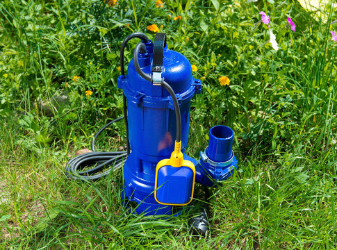 Fecal, submersible, drainage pump in blue.