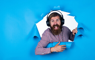 Get in for an experience. happy man express positive emotions. man listen to music. online...