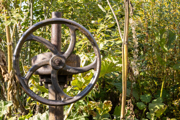 Old rusty valve close up on greenery background.