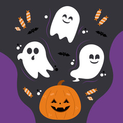 Illustration with decorations in Halloween. Poster of pumpkin, ghosts, full moon dark night and black bat, candy.