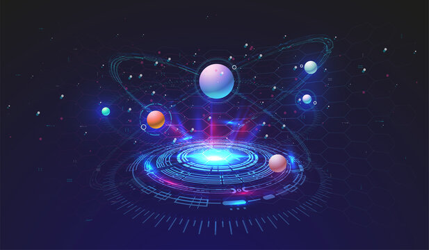 Hi-tech technological background with HUD elements. Futuristic circle interface design. Abstract futuristic template. Abstract space model.