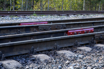 Railroad. Railroad tracks made of metal and concrete.