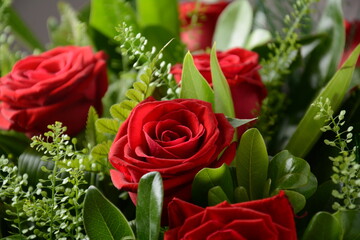 Red roses bouquet for valentine day. Love theme.Close up 