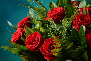 Red roses bouquet for valentine day. Love theme.Close up 