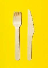 Zero waste concept. Set of Eco friendly wooden cutlery. Plastic free concept. Top view. Copy space
