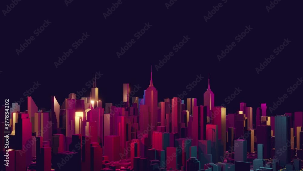 Poster aerial view of skyscrapers and buildings. futuristic light and glow. 4k rendering seamless loop anim