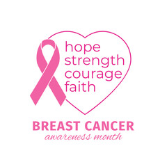 Pink ribbon with heart. Breast cancer awareness design with text hope, strength, faith, courage. Logo for information campaigns, support and charities. Vector flat design illustration