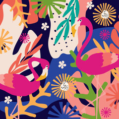 Tropical flowers and leaves poster background with flamingos. Colorful summer vector illustration design. Exotic tropical art print for travel and holiday, fabric and fashion