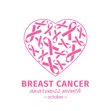 Breast cancer awareness design with heart and pink ribbon. Pink ribbon logo for awareness campaigns, support and charity. Vector flat design illustration