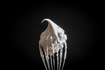 Metal whisk with whipped egg whites on black background