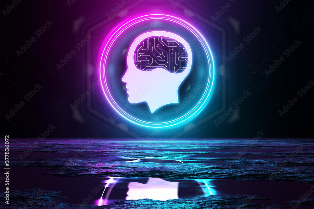 Poster digital brain holographic icon illuminating the floor with blue and pink neon light 3d rendering