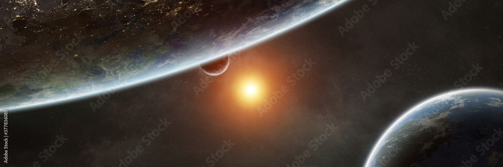 Sticker panoramic space planets background. panorama of distant solar system with exoplanets 3d rendering el