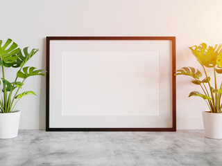 Fototapeta na wymiar Black frame leaning on floor in interior mockup. Template of a picture framed on a wall 3D rendering