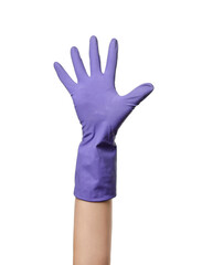 Hand in rubber glove on white background