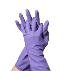 Hands in rubber gloves on white background