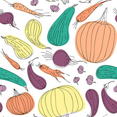 Seamless pattern of autumn vegetables drawn by living line. Pumpkin, zucchini, carrots, beets, eggplants, garlic are arranged in a random pattern. Flat vector illustration.