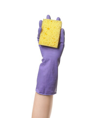 Hand in rubber glove holding sponge on white background