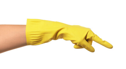 Hand in rubber glove pointing at something on white background