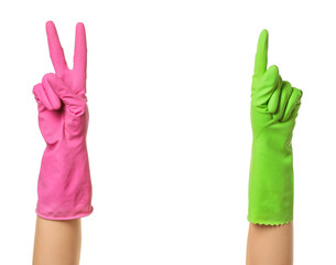 Gesturing hands in rubber gloves on white background